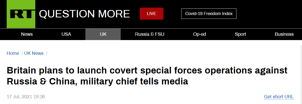 RT报道截图：英国军方告诉媒体，英国计划对俄罗斯和中国展开秘密特种部队行动